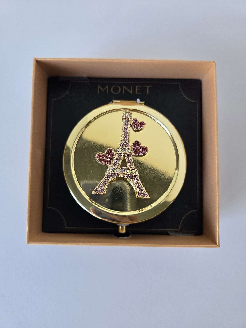 NIB Monet Gold Eiffel Tower Rhinestone Compact Mirror - Picture 4 of 8